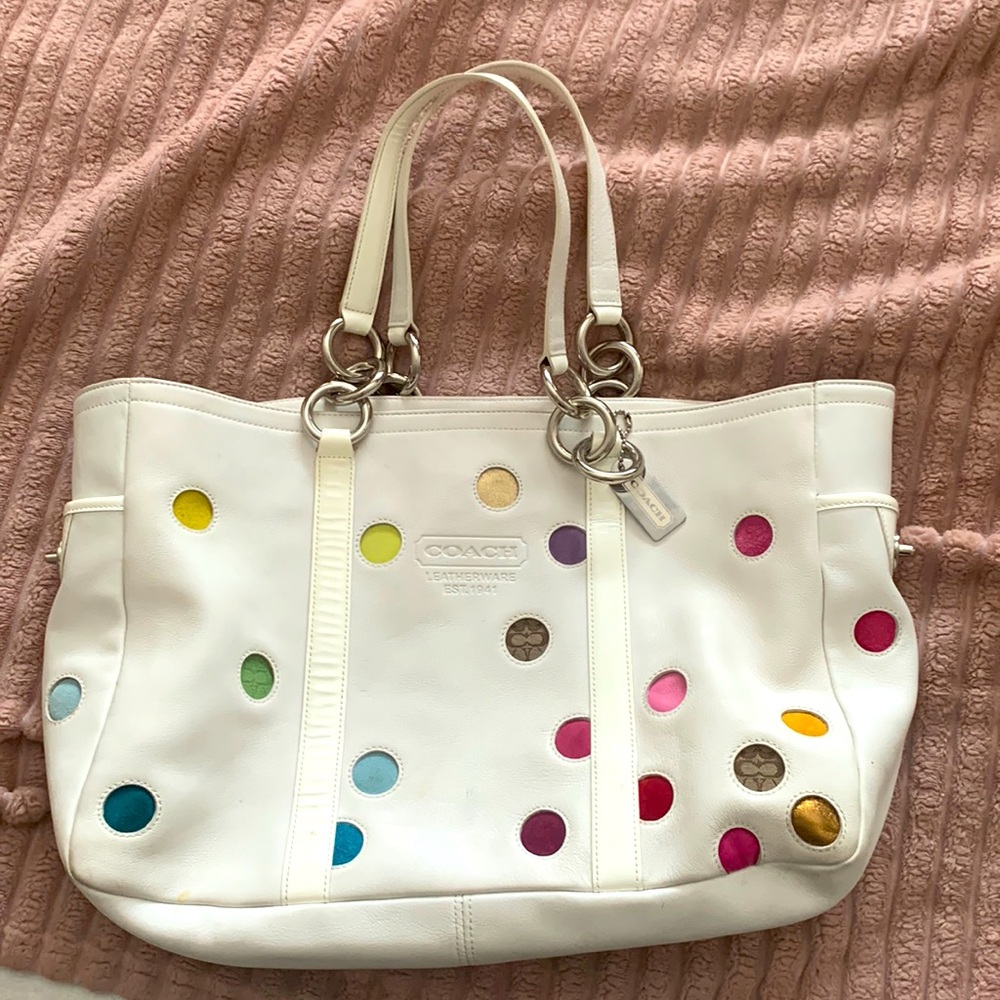 Coach auth lg gallery tote bag polka dot white  suede & leather purse bag 3678